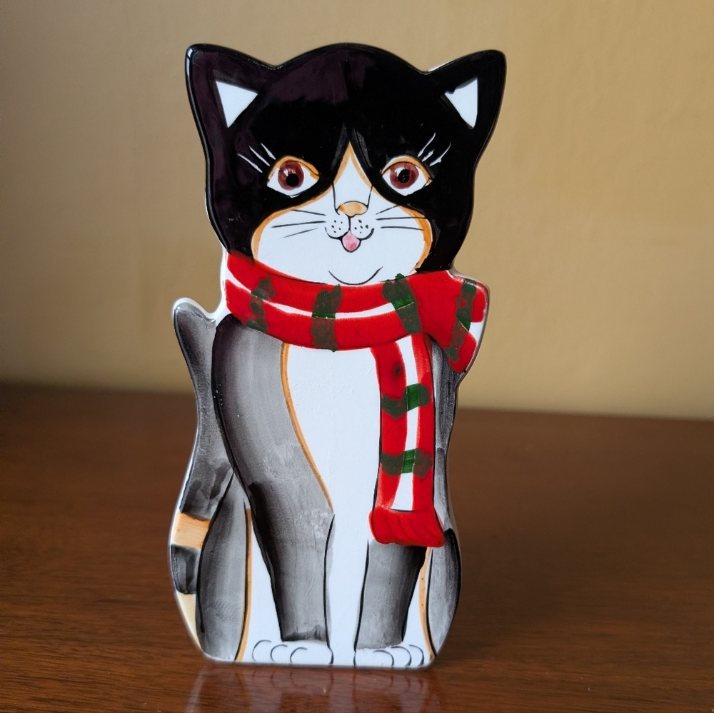 Tuxedo Cat Takahashi Pocket Vase Japan Black White Kitten With Scarf